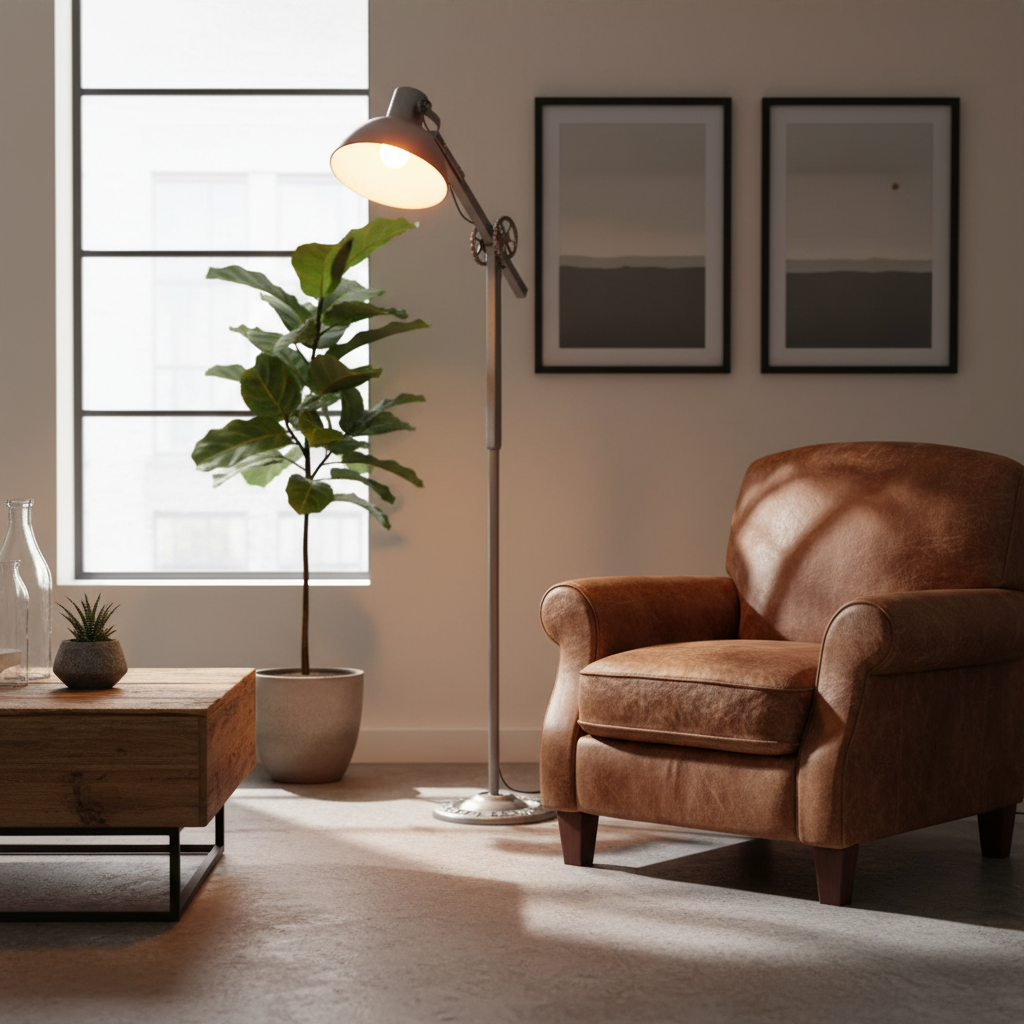 Capture a lifestyle interior scene showcasing the 'Bank Metal Floor Lamp - Grey' illuminated in a contemporary living room with industrial accents. Use HDR studio lighting to evenly illuminate the scene, invoking a warm, inviting atmosphere. Place the lamp