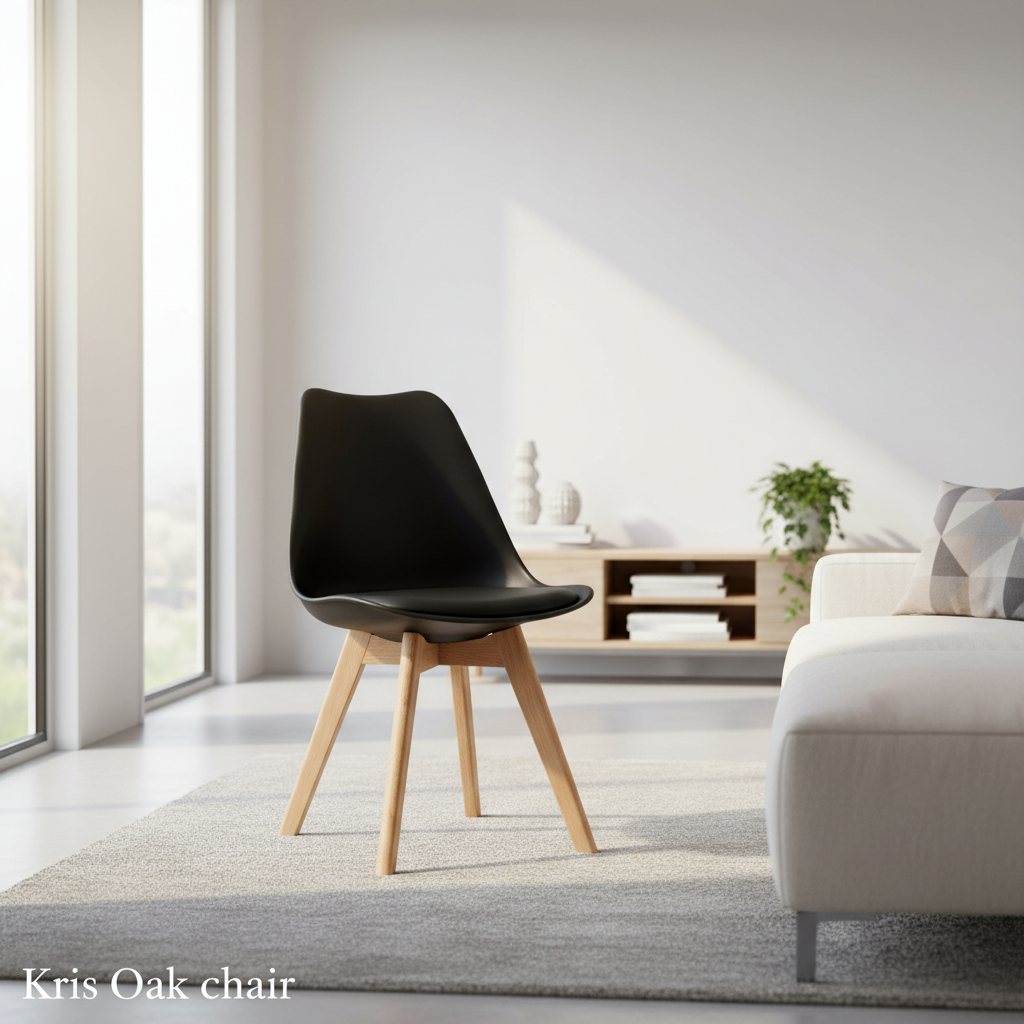 Generate a cinematic lifestyle image featuring the Kris Oak Chair in a chic, contemporary living space. Set within a well-lit, airy room bathed in natural daylight, with a focus on warm, inviting tones. The chair is angled slightly to reveal both the front