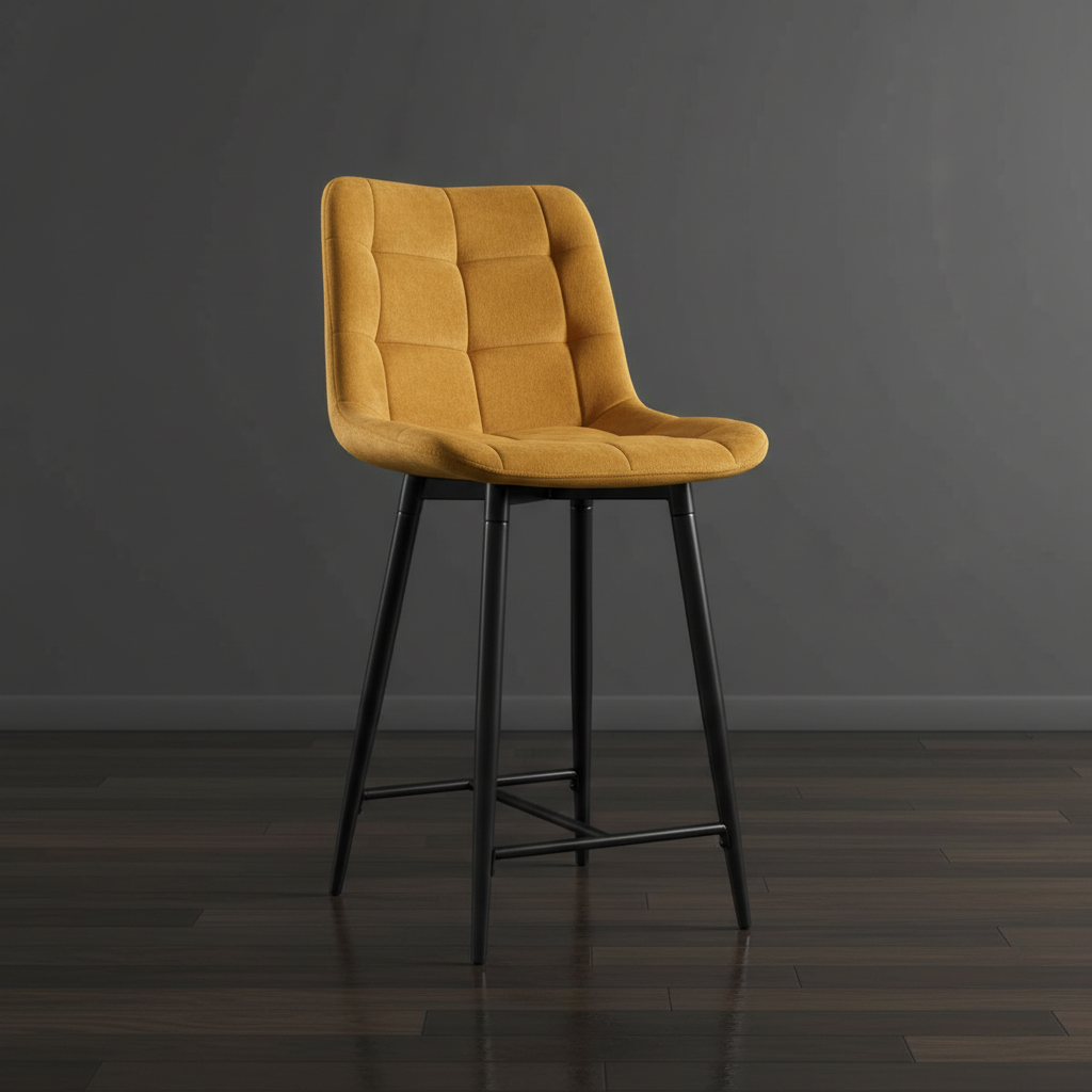 Create a stylish lifestyle scene featuring the 'Bar Chair Curry' in a sophisticated home bar setting. Utilize diffused daylight coming from large windows, complemented by HDR studio lighting to enhance the chair's plush velvet texture and rich colors. The 