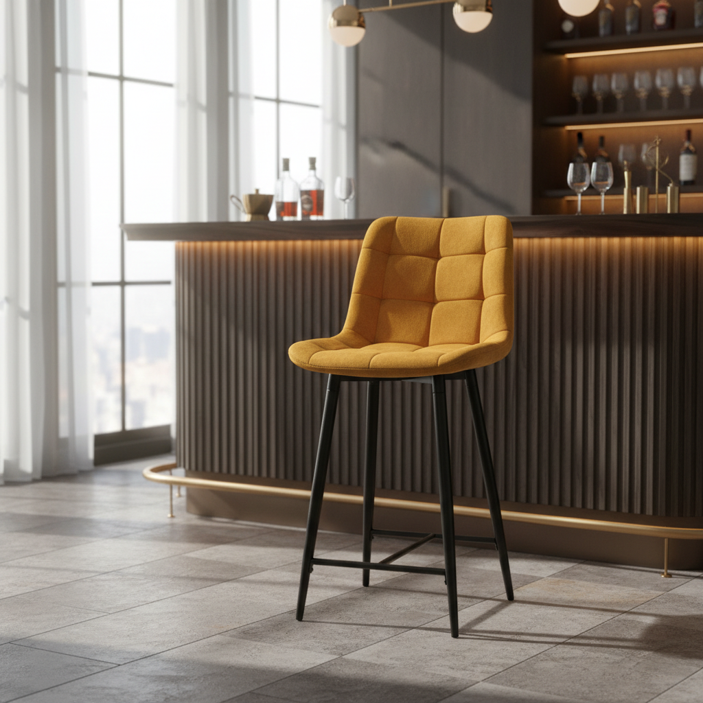 Create a stylish lifestyle scene featuring the 'Bar Chair Curry' in a sophisticated home bar setting. Utilize diffused daylight coming from large windows, complemented by HDR studio lighting to enhance the chair's plush velvet texture and rich colors. The 