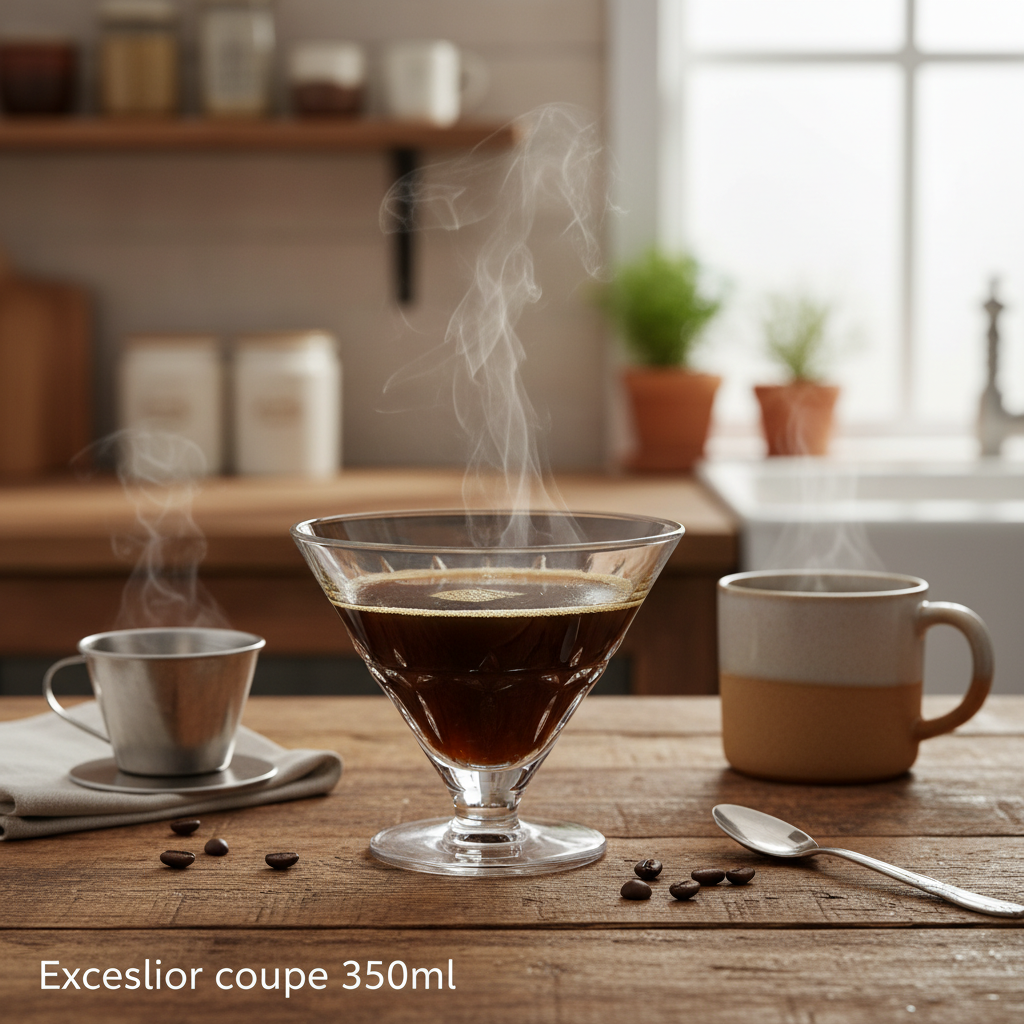 Generate a warm, lifestyle scene featuring the Excelsior Coupe 350ml placed on a rustic wooden table in a cozy kitchen setting. Use HDR studio lights with diffused daylight effect to highlight the premium material and the smooth, matte finish of the cerami