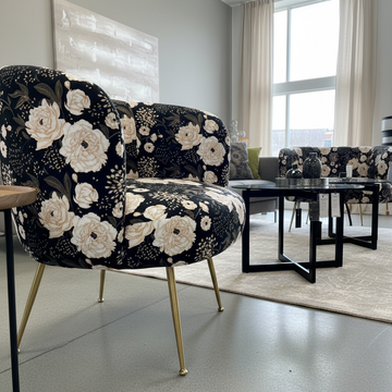A luxurious Cloe Flower Print Chair showcased in a sophisticated, modern living room setting. The scene is illuminated with diffused daylight using HDR studio lighting, highlighting the plush velvet texture and intricate floral print of the fabric. The cam