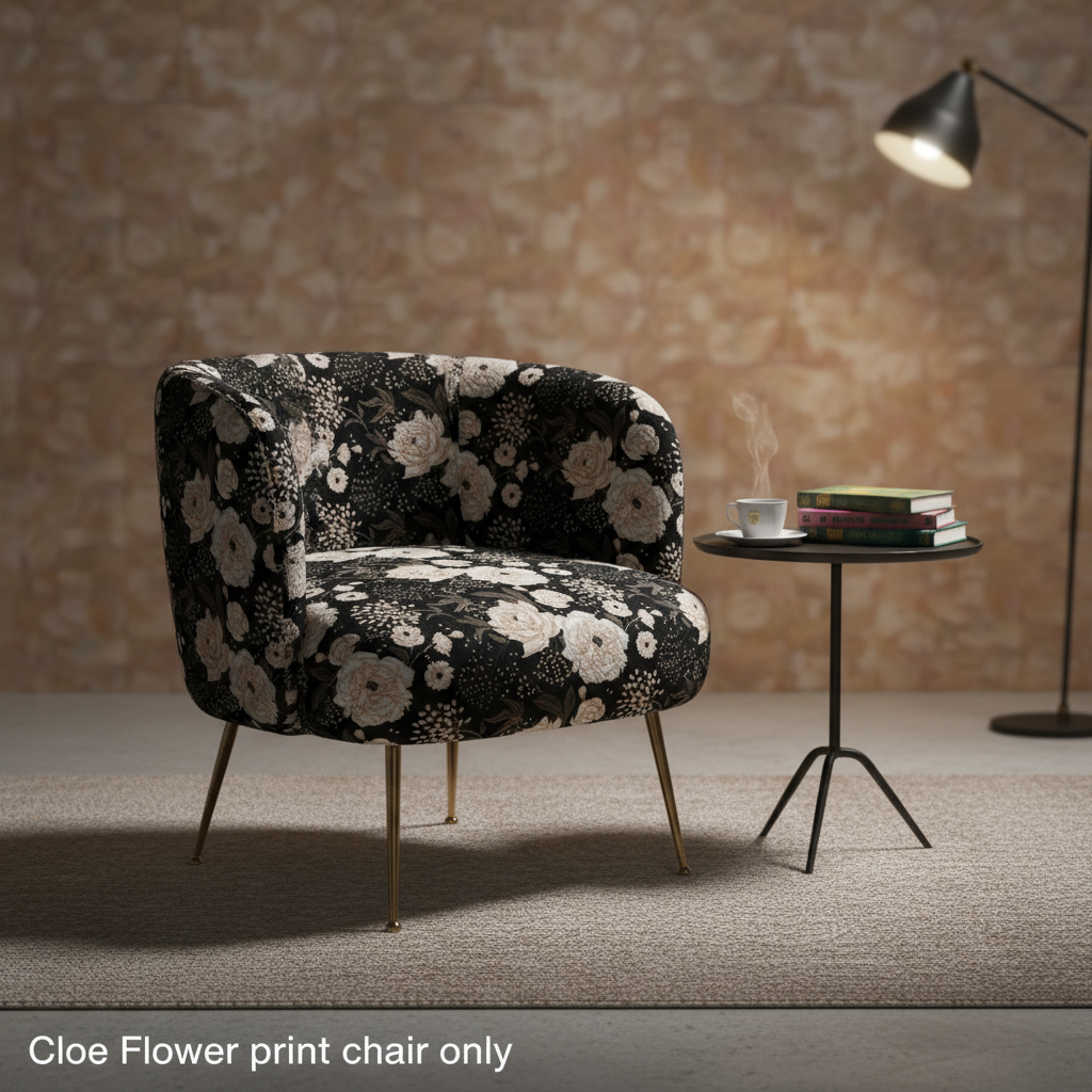 A contemporary studio shoot of the Cloe Flower Print Chair positioned in a cozy reading nook, with softbox lighting creating gentle, even illumination across the plush velvet upholstery. The camera captures a wide-angle shot from eye level with a 35mm lens