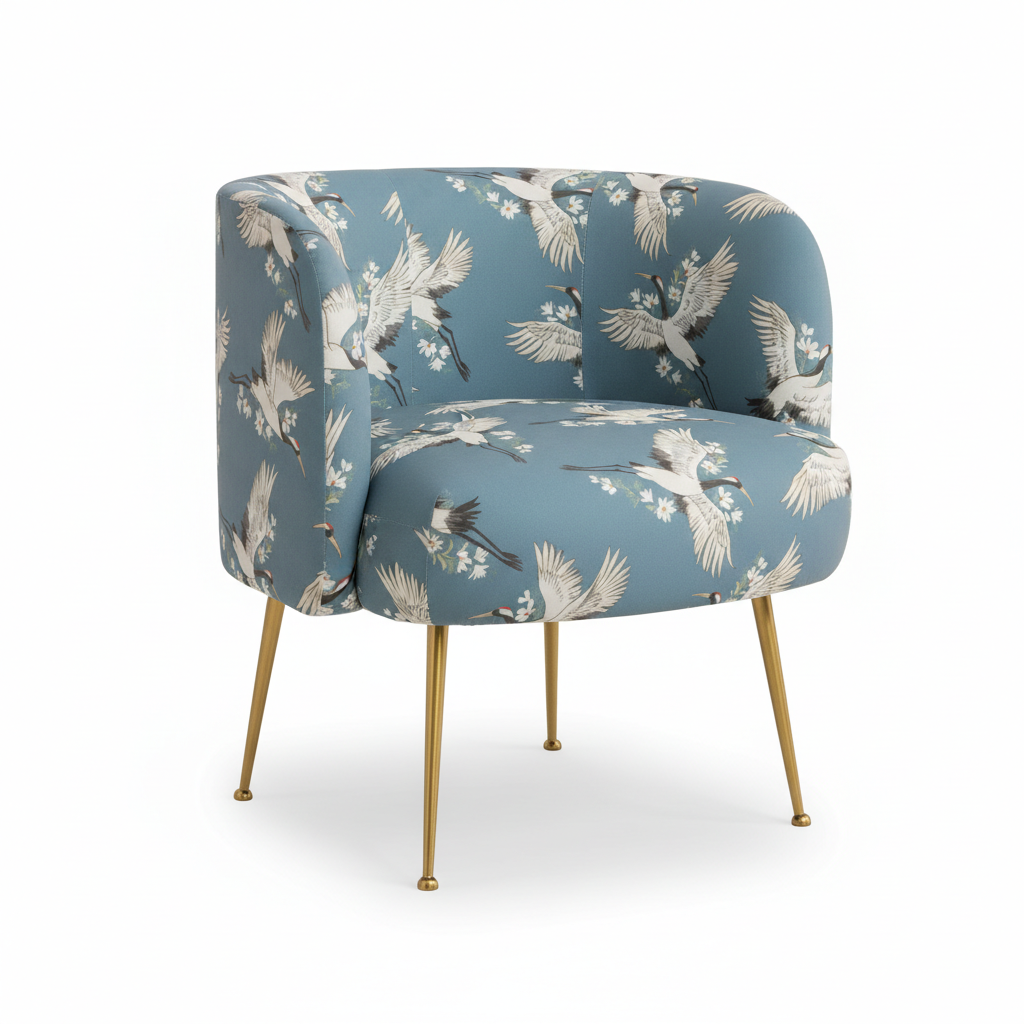 A sophisticated product shot of the Cloe Crane bird print chair, captured in a bright, contemporary studio setting with diffused daylight. The scene features soft, HDR studio lighting highlighting the plush velvet fabric with intricate bird print details, 