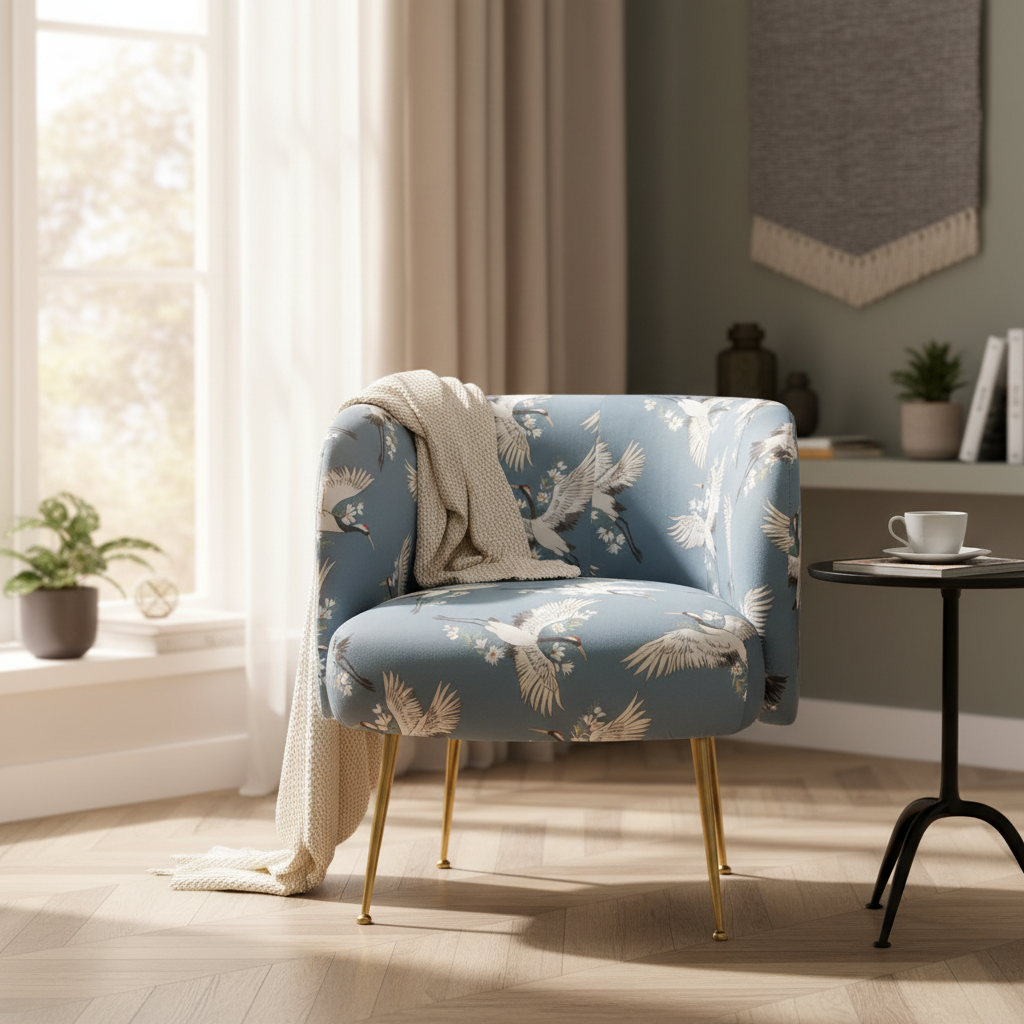 A stylish lifestyle scene presenting the Cloe Crane bird print chair in a modern, cozy reading nook. The chair is positioned slightly off-center, bathed in warm, natural diffused daylight coming from a nearby window. The shot is captured with a 35mm lens a