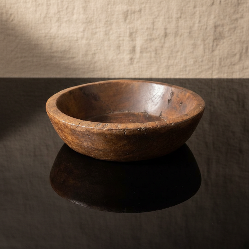 A high-resolution, studio product shot of the 'Original Wooden Parat - Medium' positioned centrally on a reflective black surface, illuminated by softbox lighting that highlights the rich, natural wood grain and subtle imperfections. The shot is taken with