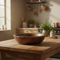 A lifestyle scene featuring the 'Original Wooden Parat - Medium' placed on a rustic wooden table in a warmly lit traditional kitchen. The lighting uses diffused HDR studio lights to evoke a cozy, inviting mood, highlighting the natural variations and minor