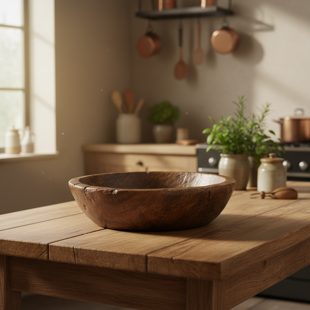 A lifestyle scene featuring the 'Original Wooden Parat - Medium' placed on a rustic wooden table in a warmly lit traditional kitchen. The lighting uses diffused HDR studio lights to evoke a cozy, inviting mood, highlighting the natural variations and minor