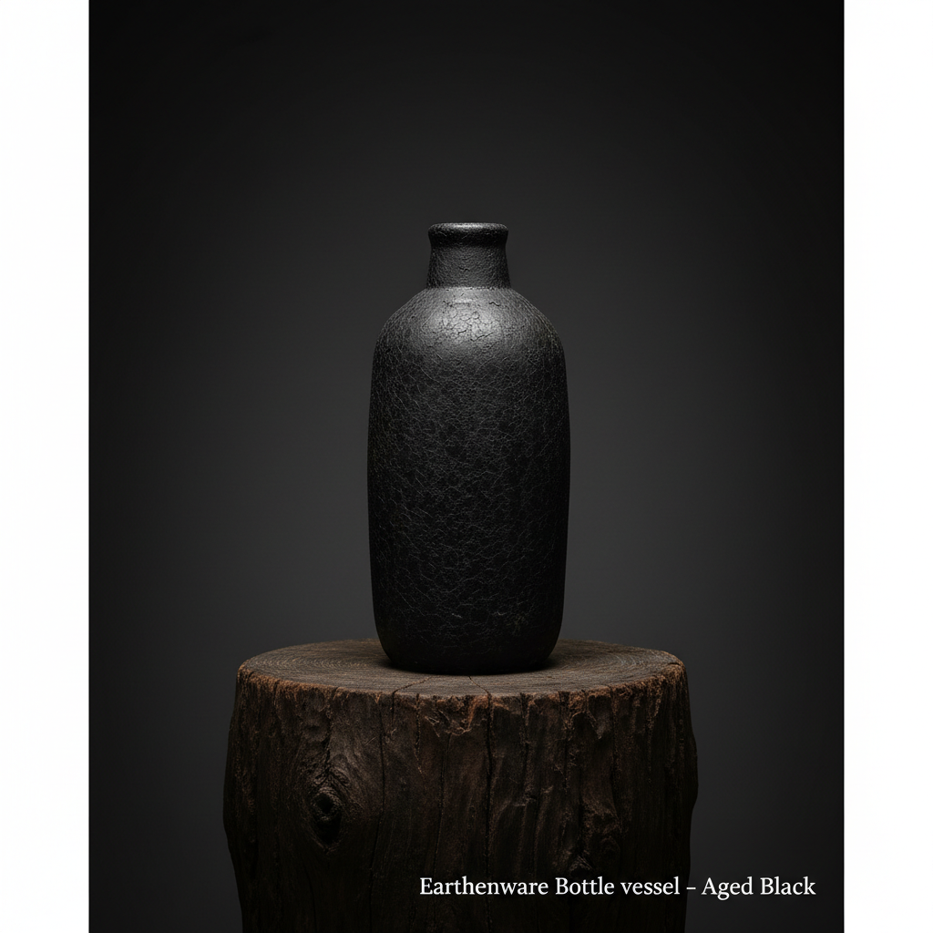 Create a cinematic still of the Earthenware Bottle vessel titled ‘Aged Black’ placed prominently on a textured wooden pedestal in a moody, atmospheric studio setting. Use softbox lighting from above to highlight the vessel’s aged, crackled glaze and uneven