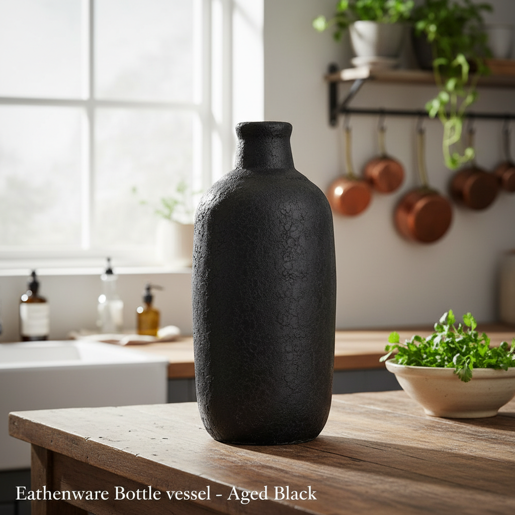 Generate a lifestyle scene showcasing the ‘Aged Black’ Earthenware Bottle vessel in an elegant, rustic kitchen setting. Position the vessel on a weathered wooden countertop illuminated by natural diffused daylight coming from a nearby window, creating a so