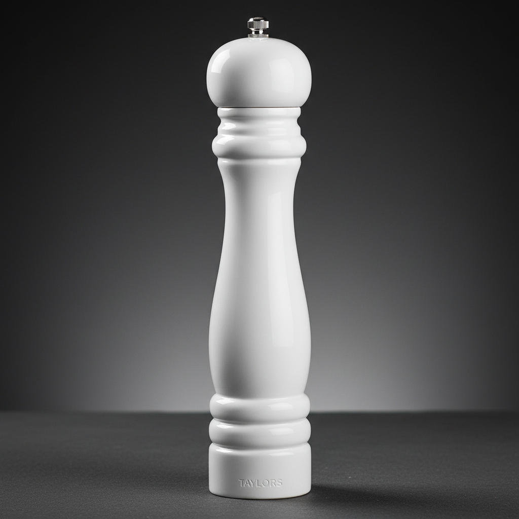 Capture the Taylors Pepper Mill 25cm White in a sophisticated studio environment using a softbox lighting setup to highlight its smooth, matte white ceramic surface and sleek cylindrical form. Frame the product in a close-up, macro shot with a shallow dept