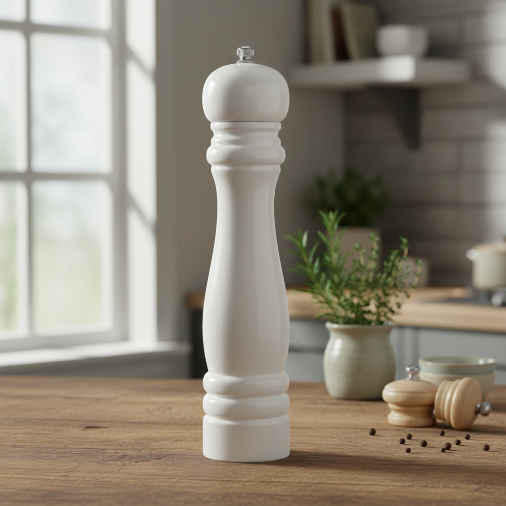 Capture the Taylors Pepper Mill 25cm White in a sophisticated studio environment using a softbox lighting setup to highlight its smooth, matte white ceramic surface and sleek cylindrical form. Frame the product in a close-up, macro shot with a shallow dept
