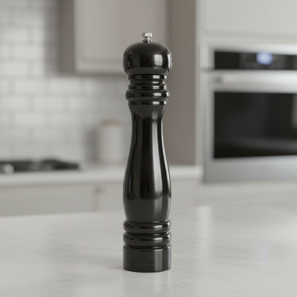 A highly detailed, studio-quality image of the 'Taylors Pepper Mill 25cm Black' set against a sleek, modern kitchen countertop. Illuminated by softbox lighting that creates gentle, even highlights on the smooth matte black surface of the pepper mill, empha