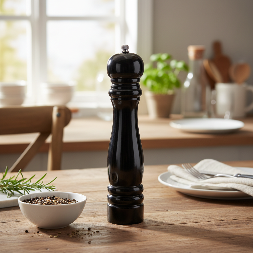 A vivid lifestyle scene featuring the 'Taylors Pepper Mill 25cm Black' placed on a rustic wooden dining table set for a meal. Captured with a DSLR camera using a 35mm lens in natural diffused daylight, creating a warm, inviting atmosphere. The pepper mill 