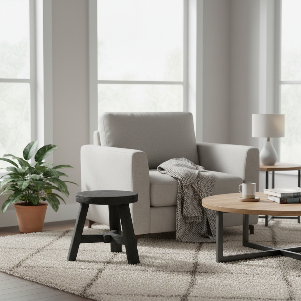 An atmospheric lifestyle setting showcasing the 'Parq Foot Stool Black Round' positioned in a contemporary living room. Natural diffused daylight enters from large windows, flooding the scene with soft, even illumination. The stool sits atop a plush, neutr