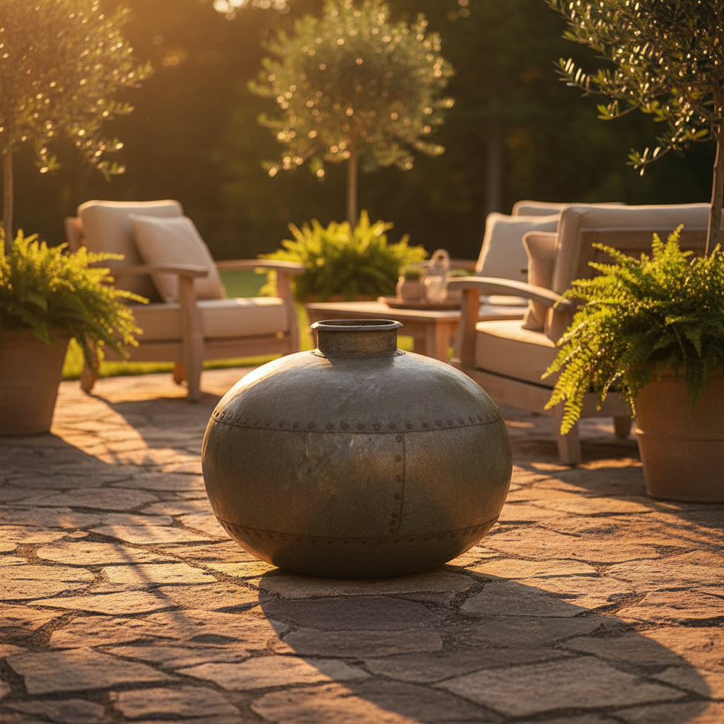 Imagine a warm, inviting lifestyle scene showcasing the Toulouse Iron Pot as a centerpiece in an outdoor patio setting during golden hour. Use HDR outdoor lighting to accentuate the rustic patina and aged character of the iron, with a slight rim light to d