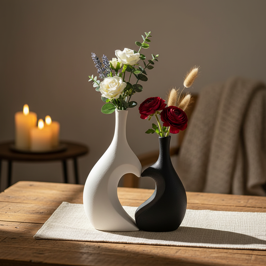 Capture an artistic lifestyle scene featuring the 'Love Vase' placed on a rustic wooden table in a cozy, well-lit living space. Use natural HDR studio lighting to enhance the contrast between the black and white halves of the vase, casting soft shadows tha