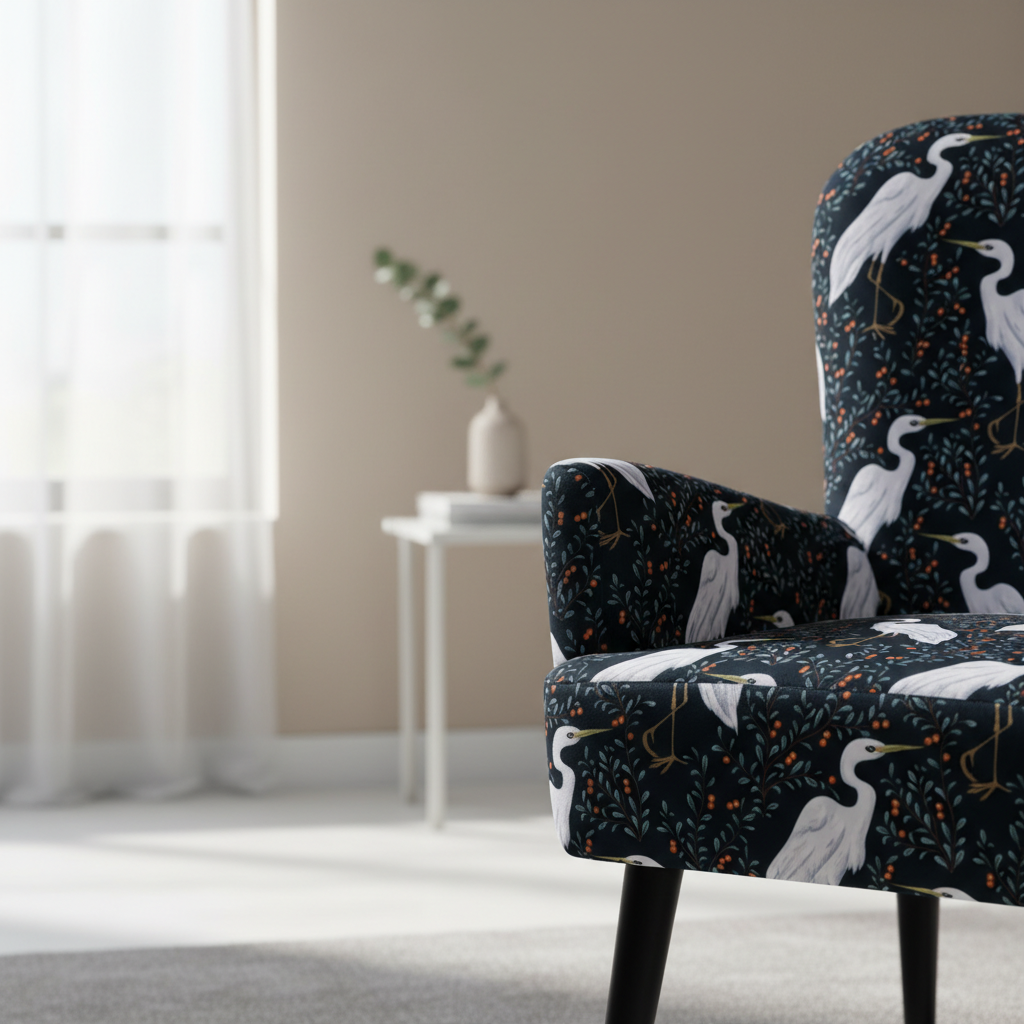 A lifestyle scene showcasing the Noja velvet Arm Chair Czaple Print in a chic, contemporary reading nook. The armchair is illuminated with HDR studio lighting that accentuates the plush texture and intricate print detail. Shot from a slightly elevated pers