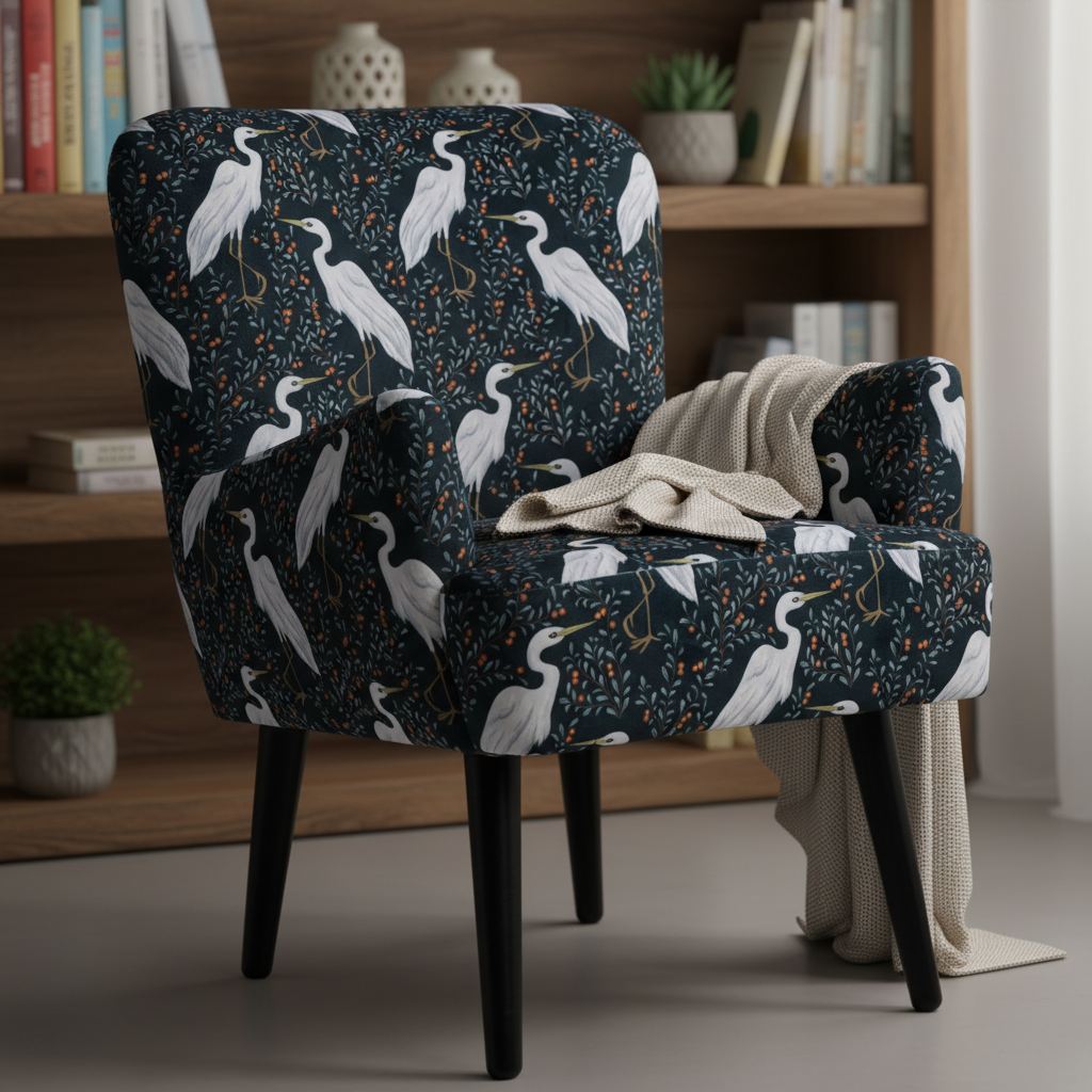 A lifestyle scene showcasing the Noja velvet Arm Chair Czaple Print in a chic, contemporary reading nook. The armchair is illuminated with HDR studio lighting that accentuates the plush texture and intricate print detail. Shot from a slightly elevated pers