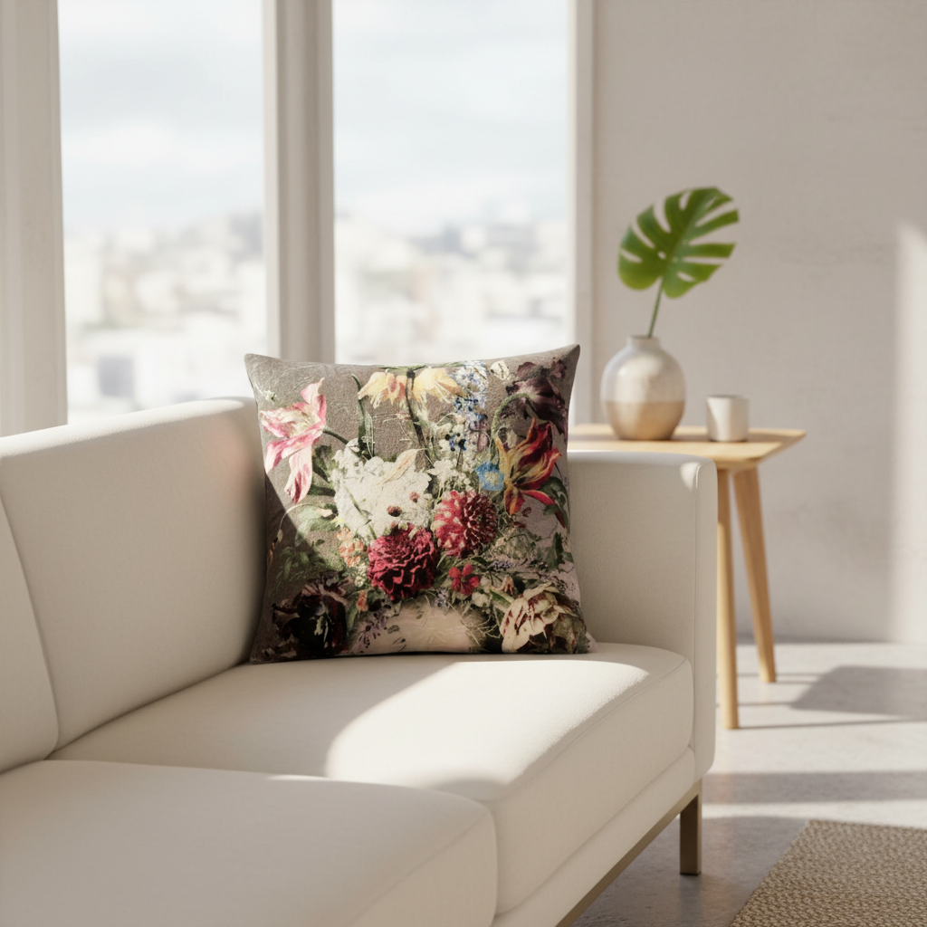 A lifestyle scene set in a serene, sunlit living room showcasing the 'Sari Printed Cushion - In Bloom' styled on a modern white sofa. The pillow's vibrant floral print stands out vividly against the sleek, minimalist background, illuminated by natural diff