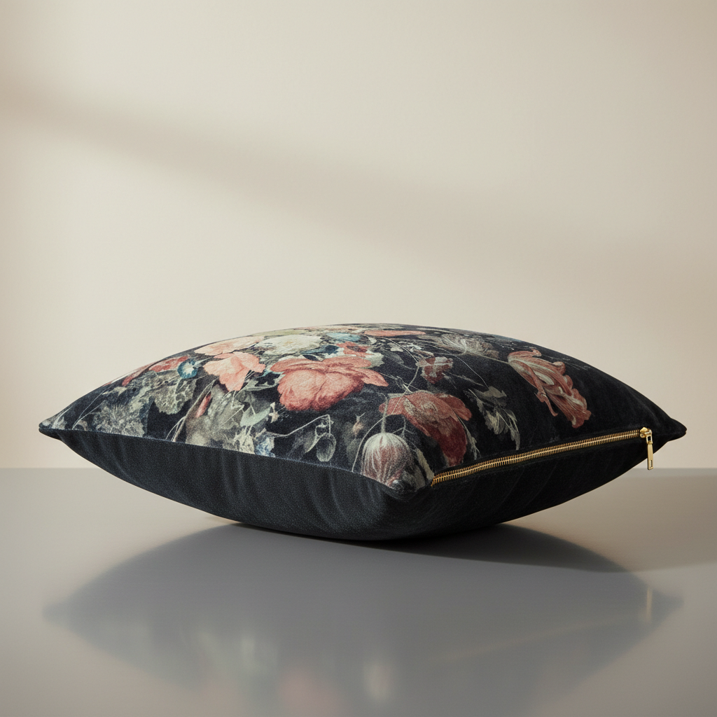 Capture a luxurious Sari Printed Cushion titled 'Moody Bloom' in a high-end studio setting. Use softbox lighting to create gentle, even illumination that accentuates the rich, velvety texture of the cotton velvet fabric. Position the cushion at a slight an