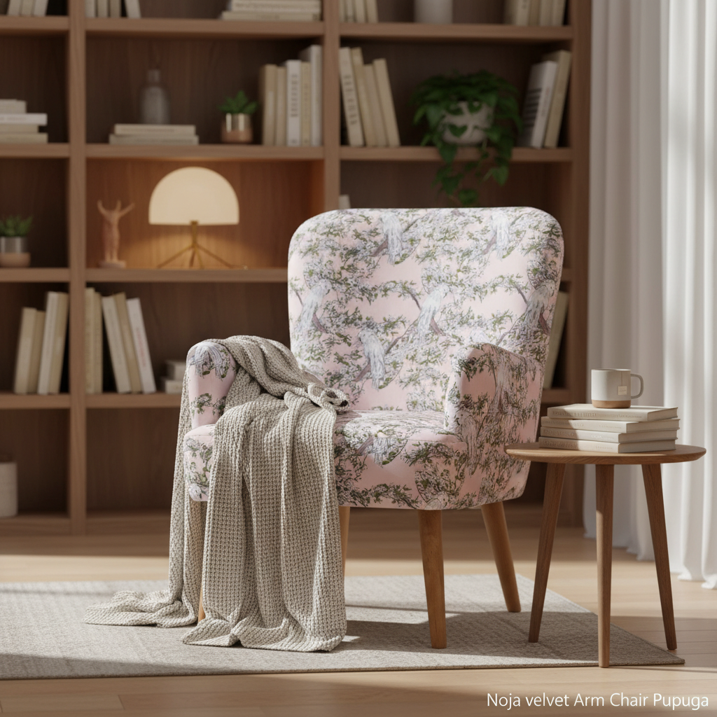 Create a cinematic, lifestyle scene featuring the Noja velvet Arm Chair Pupuga in a stylish, contemporary reading nook. Utilize HDR studio lighting to capture the textures and details of the plush velvet fabric, with a focus on warmth and inviting mood. Th