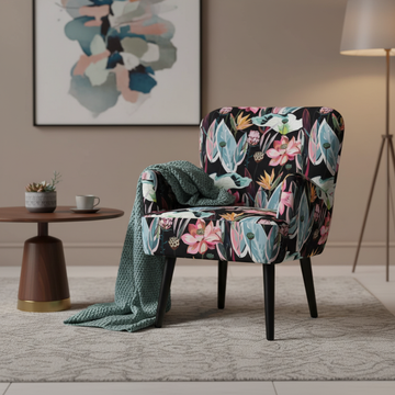 Create a high-resolution, studio-style image of the 'Noja Velvet Arm Chair Lotos' in a modern luxury living room setting. Use softbox lighting to evenly illuminate the plush velvet upholstery, highlighting its deep, rich color and smooth texture. Capture t