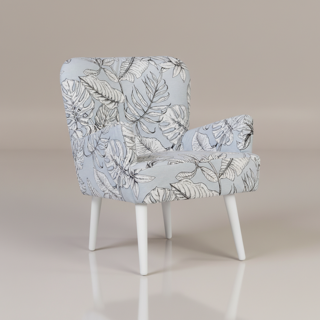 Present the Noja Velvet Arm Chair Liscie Print within a cozy, modern Scandinavian-inspired living space. Utilize HDR studio lighting to create a bright, inviting atmosphere, with diffused daylight streaming in from large windows. The camera captures the sc