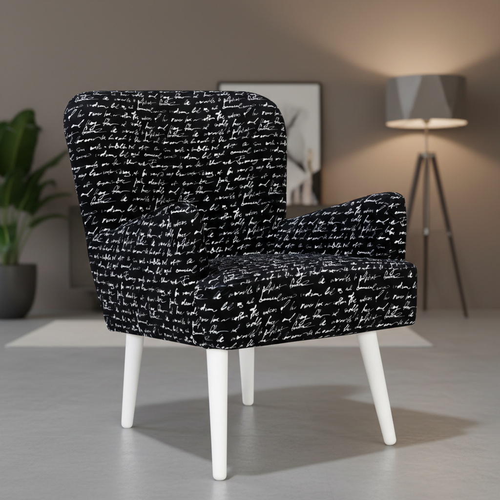 Depict a cozy, lifestyle scene featuring the Noja velvet Arm Chair Prismo Print in a stylish reading nook. Use natural diffused daylight from a nearby window, complemented by accent lighting to create a warm, inviting atmosphere. Camera positioned at eye l