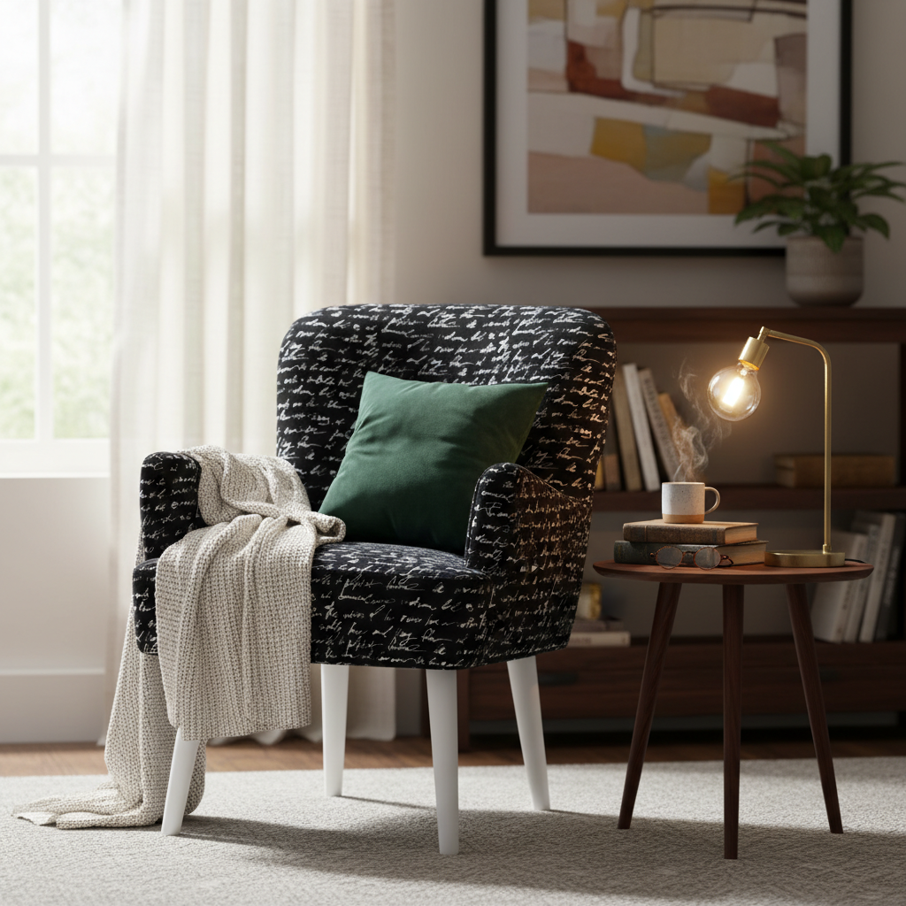 Depict a cozy, lifestyle scene featuring the Noja velvet Arm Chair Prismo Print in a stylish reading nook. Use natural diffused daylight from a nearby window, complemented by accent lighting to create a warm, inviting atmosphere. Camera positioned at eye l