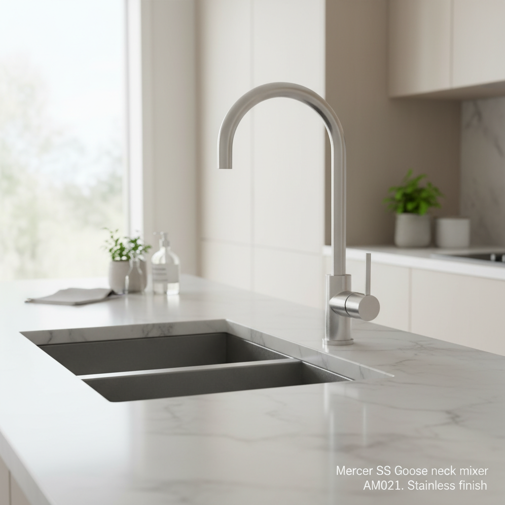Construct a vibrant lifestyle scene featuring the Mercer SS Goose Neck Mixer AM021 installed on a contemporary kitchen sink, illuminated with diffused daylight to create a warm, inviting atmosphere. Use a slightly wider camera angle with a focus on the sle