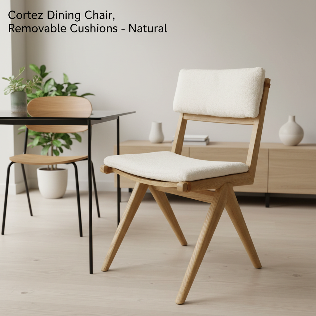 A sleek, contemporary dining room scene featuring the Cortez Dining Chair prominently positioned at a modern glass table. The chair, with its natural timber finish and removable cushions made from recycled plastic bottles, is illuminated with softbox light
