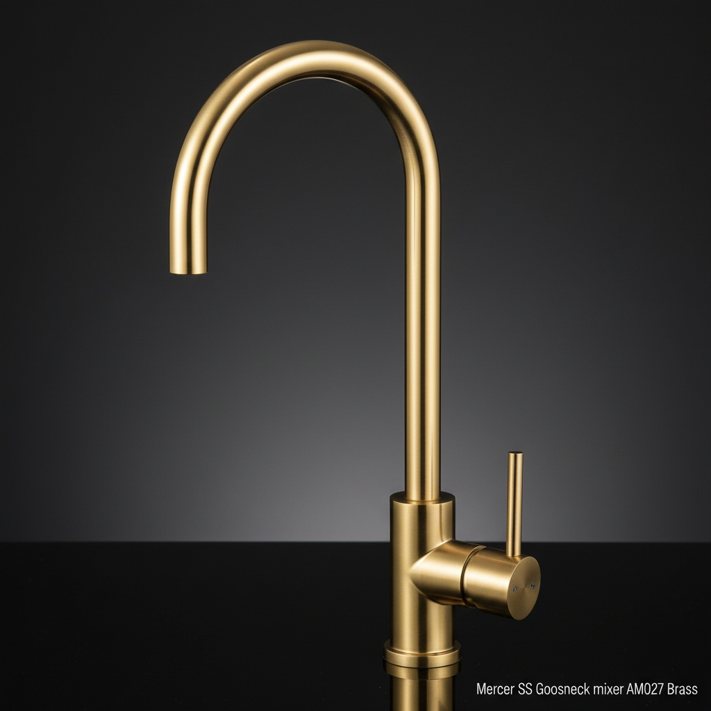 A highly detailed, professional studio shot of the Mercer SS Gooseneck Mixer AM027 Brass, captured with a macro lens at 100mm focal length to emphasize the intricate brass finish. The lighting setup includes softbox diffused daylight to highlight the warm,