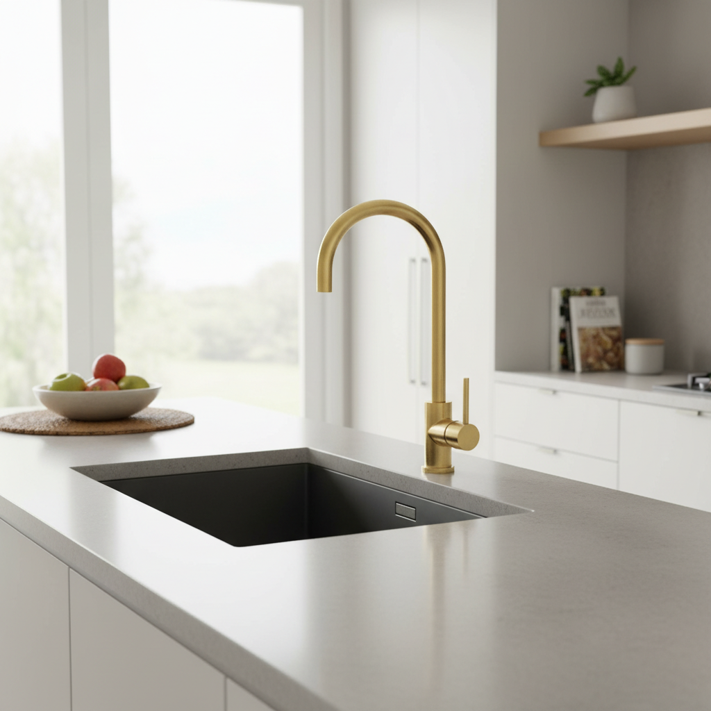A sophisticated lifestyle scene featuring the Mercer SS Gooseneck Mixer in a modern, high-end kitchen environment. Shot with a 24mm wide-angle lens at eye level to capture the overall context, the brass mixer is mounted on a stylish, light-colored quartz c