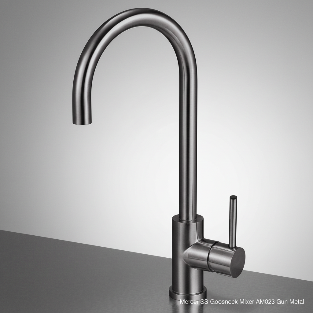 A vibrant, lifestyle scene showcasing the Mercer SS Gooseneck Mixer AM023 in Gun Metal installed above a sophisticated stainless steel kitchen sink. The image is lit with HDR studio lighting, creating a balanced, bright ambiance that enhances the gunmetal 