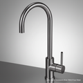 A high-resolution, studio product shot of the Mercer SS Gooseneck Mixer AM023 in Gun Metal finish, captured with a softbox lighting setup to highlight its sleek, matte metallic texture. The shot is taken from a slightly elevated angle using a 60mm macro le