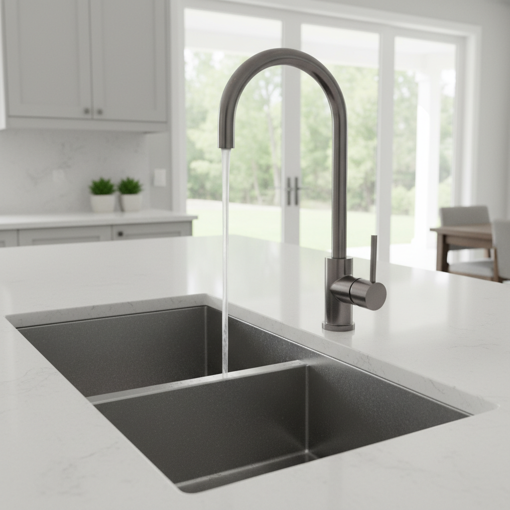 A vibrant, lifestyle scene showcasing the Mercer SS Gooseneck Mixer AM023 in Gun Metal installed above a sophisticated stainless steel kitchen sink. The image is lit with HDR studio lighting, creating a balanced, bright ambiance that enhances the gunmetal 