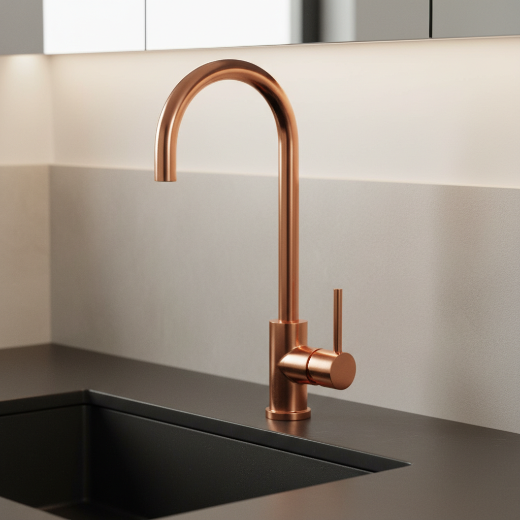 A highly detailed, studio-shot of the Mercer SS Gooseneck Mixer AM025 in rich copper finish, illuminated with softbox lighting to highlight its polished, reflective surface and intricate craftsmanship. The camera is positioned at a slight downward angle wi