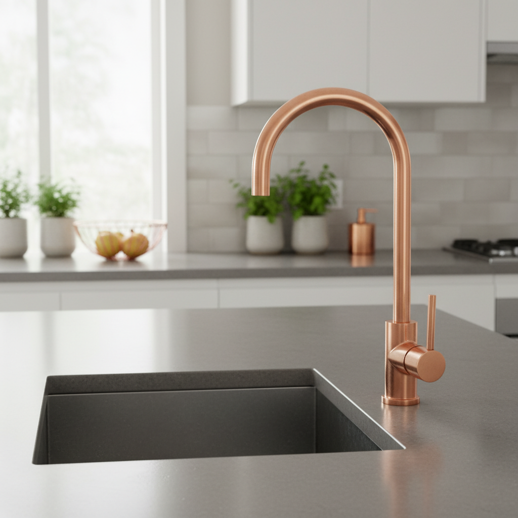 A vibrant lifestyle scene showcasing the Mercer SS Gooseneck Mixer AM025 in copper, installed in a chic, modern kitchen environment with natural diffused daylight pouring in from large windows. The camera angle is a side-view shot using a 35mm lens, with t