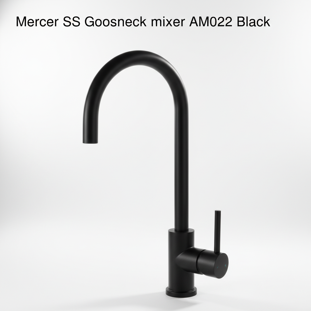 A vibrant lifestyle scene featuring the Mercer SS Gooseneck Mixer AM022 installed on a modern kitchen sink in a bright, airy kitchen setting. The mixer is illuminated by natural diffused daylight, captured from a slightly elevated angle with a focus on the