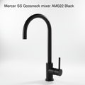 A high-resolution, studio-shot image of the Mercer SS Gooseneck Mixer AM022 in sleek black finish, captured with a professional softbox lighting setup that accentuates its smooth matte surface and refined contours. The camera is positioned at a 45-degree a