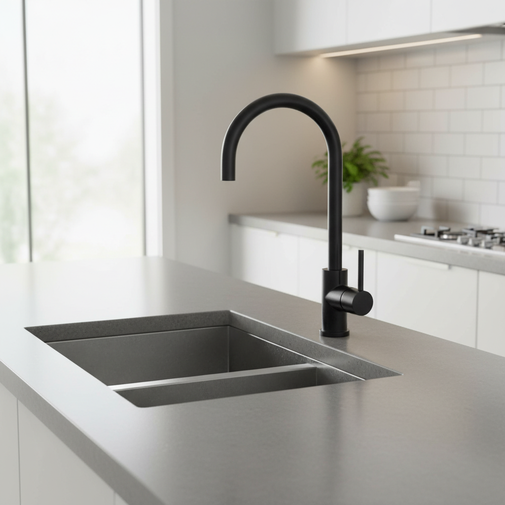 A vibrant lifestyle scene featuring the Mercer SS Gooseneck Mixer AM022 installed on a modern kitchen sink in a bright, airy kitchen setting. The mixer is illuminated by natural diffused daylight, captured from a slightly elevated angle with a focus on the