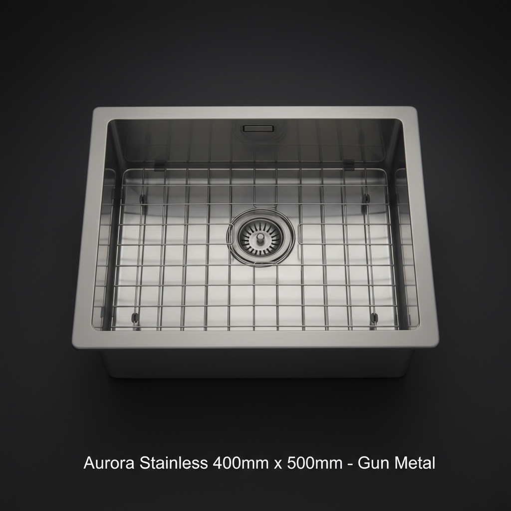 A highly detailed studio shot of the Aurora Stainless 400mm x 500mm sink in gun metal finish, captured with a macro lens using a 100mm focal length for sharpness and clarity. The sink is positioned centrally against a sleek, matte black seamless background