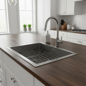 A cinematic lifestyle scene featuring the Aurora Stainless sink installed in a contemporary kitchen setting. Shot with an 85mm lens at eye level to evoke intimacy and realism, using HDR studio lighting to evenly illuminate the gun metal surface and interio
