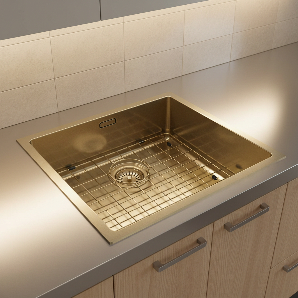 A sophisticated, lifestyle studio setup presenting the Aurora Stainless 400mm x 500mm brass sink in an upscale modern kitchen scene. The sink is styled within a sleek, contemporary stainless steel countertop, capturing a top-angle shot with a 35mm lens tha