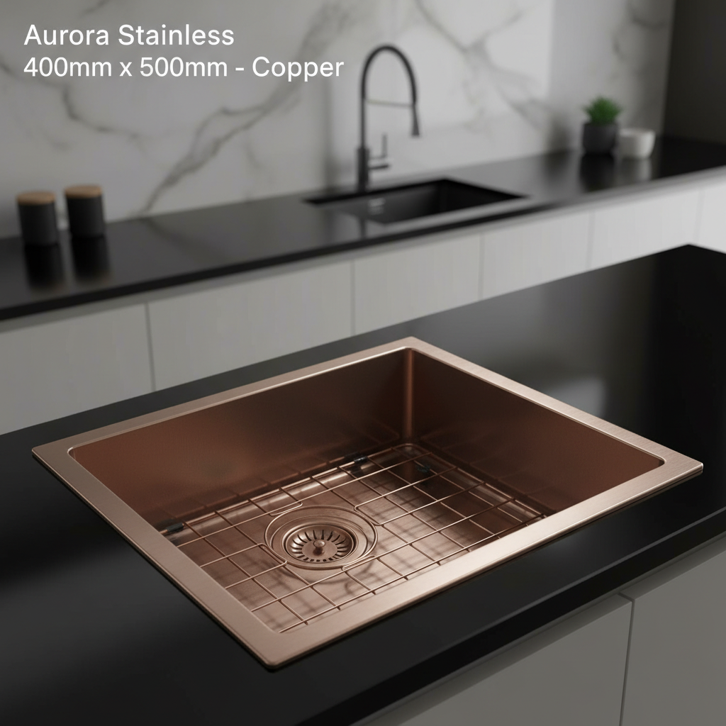 A lifestyle shot presenting the Aurora Stainless 400mm x 500mm Copper sink installed in a contemporary kitchen setting. The scene is illuminated with diffused daylight from large windows, supplemented by HDR studio lighting for a warm, inviting glow. The s