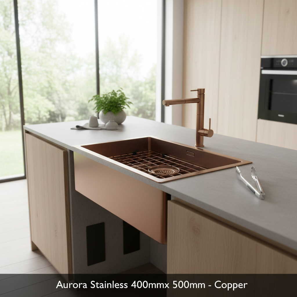 A lifestyle shot presenting the Aurora Stainless 400mm x 500mm Copper sink installed in a contemporary kitchen setting. The scene is illuminated with diffused daylight from large windows, supplemented by HDR studio lighting for a warm, inviting glow. The s