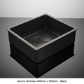 Create a high-resolution product shot of the Aurora Stainless 400mm x 500mm sink in black, captured with a professional HDR studio lighting setup using softbox diffused daylight. The camera is set at a slightly elevated angle with a 50mm lens, focusing on 