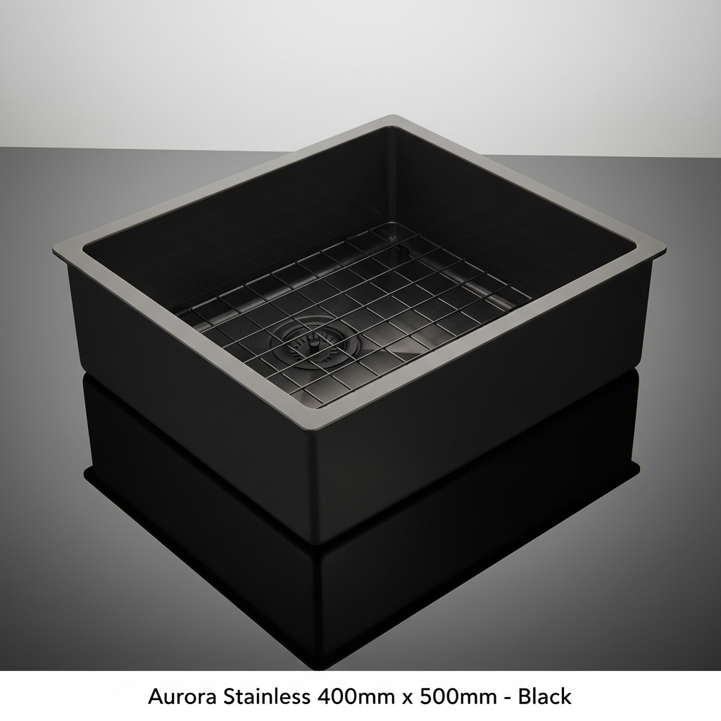 Create a high-resolution product shot of the Aurora Stainless 400mm x 500mm sink in black, captured with a professional HDR studio lighting setup using softbox diffused daylight. The camera is set at a slightly elevated angle with a 50mm lens, focusing on 
