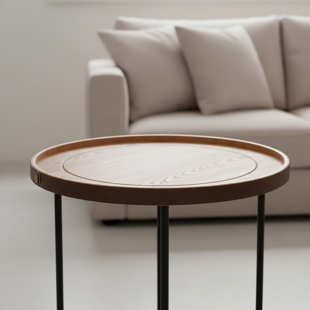 A professional studio shot of the Haywood Round Side Table in a bright, minimalist living room setting. The table is made of light ash timber with a smooth, polished surface, accented by brass nail heads and a leather trim edge. Softbox lighting creates ev